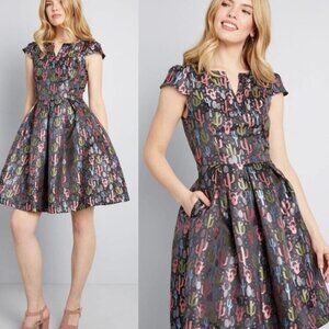 Modcloth Jacquard Cactus Flare Dress Size 0 Black Metallic Pink Blue Green